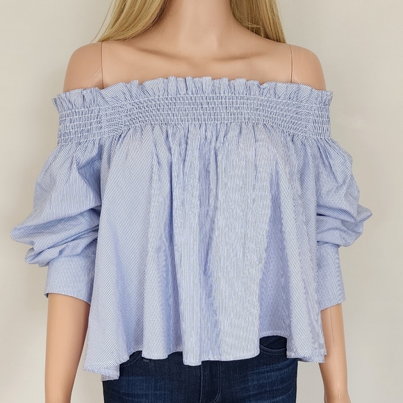 STORETS PINSTRIPE BLUE WHITE SMOCKING OFF THE SHOULDER FLOWY SHIRT TOP ONE SIZE - Picture 7 of 16